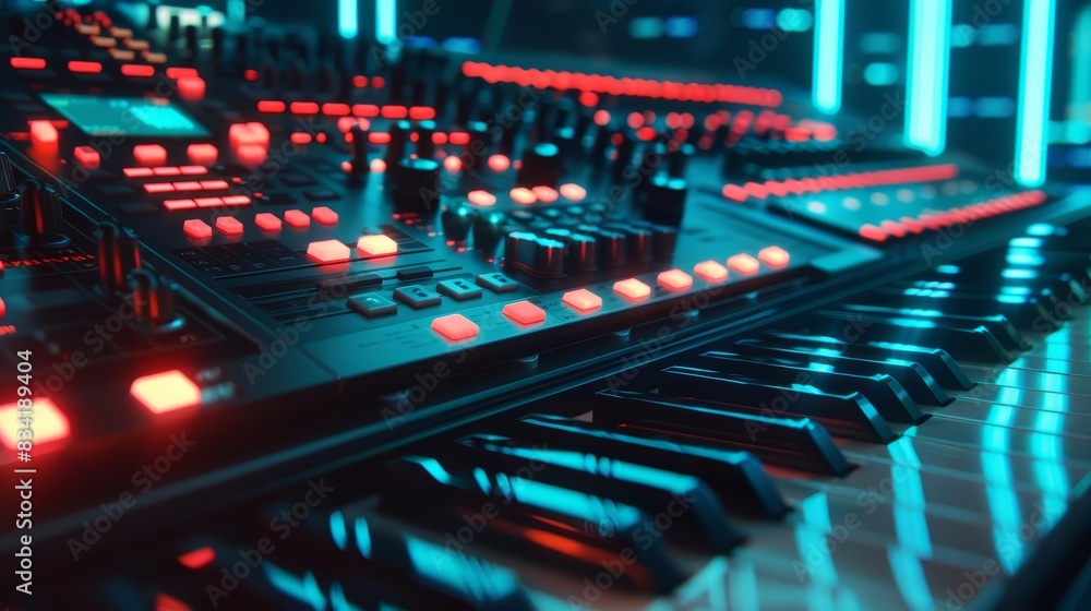 A close up of a stateoftheart synthesizer in a music studio, its vibrant lights and responsive keys enabling creative expression, set against a hitech HUD concept background A close up of a stateoftheart synthesizer in a music studio, its vibrant lights and responsive keys enabling creative expression, set against a hitech HUD concept background