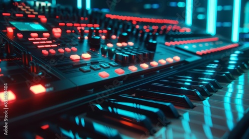 A close up of a stateoftheart synthesizer in a music studio, its vibrant lights and responsive keys enabling creative expression, set against a hitech HUD concept background