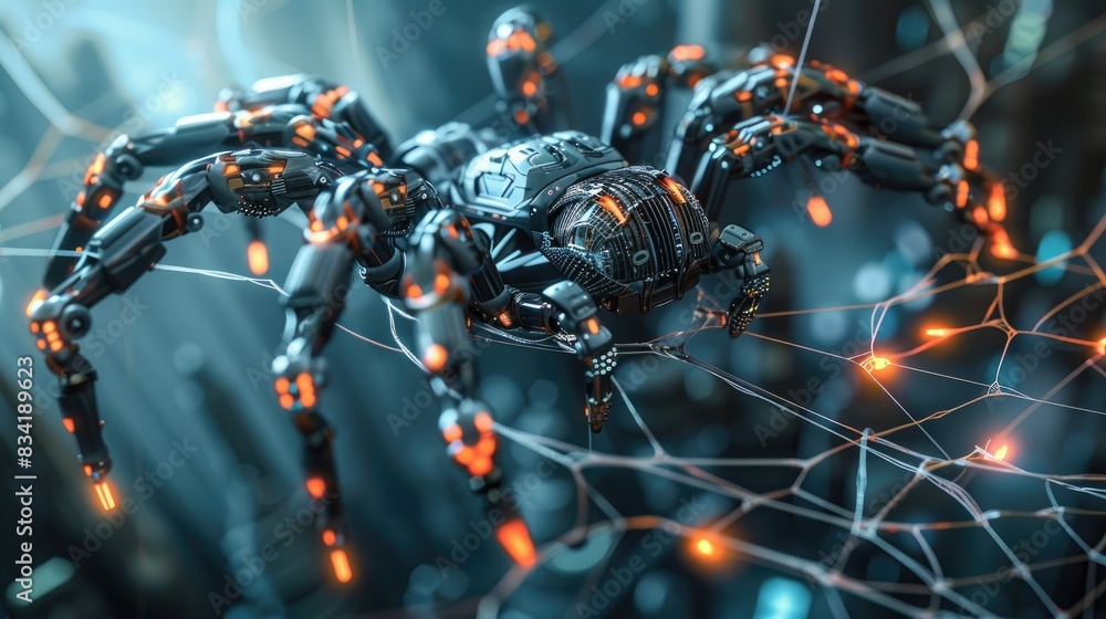 A hybrid robotic spider spinning a metallic web against a high-tech background. A hybrid robotic spider spinning a metallic web against a high-tech background.