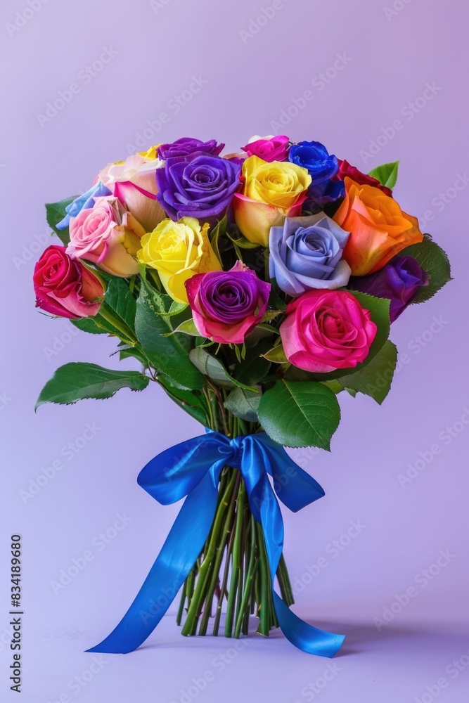A colorful arrangement of roses tied with a blue ribbon