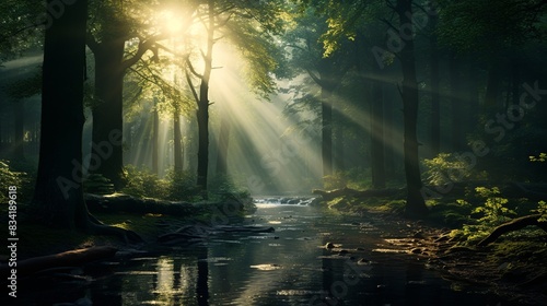 A mystical forest with tall trees and rays of sunlight filtering through the canopy 