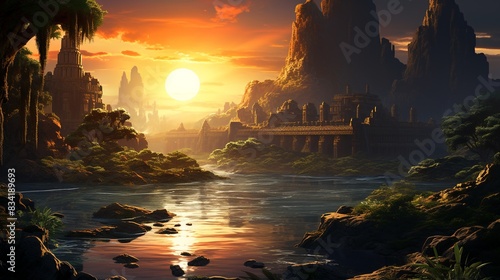 A mystical sunset over ancient ruins  with the remnants of a forgotten civilization bathed in the  