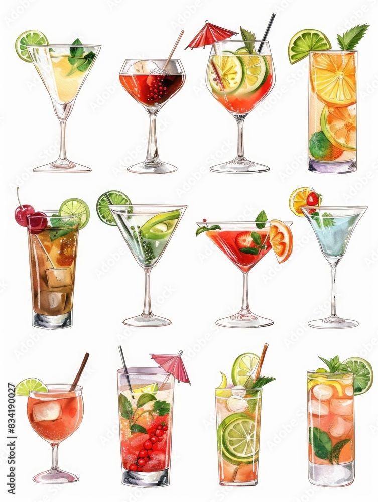 A selection of colorful cocktails in various glasses A selection of colorful cocktails in various glasses