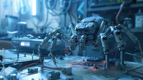 A mechanical spider crafting a web of microchips and wires in a tech workshop. photo