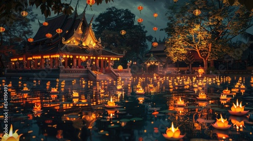 A peaceful temple lit with candles and lanterns during celebrations.