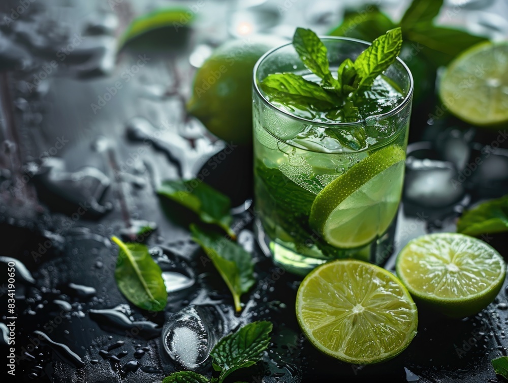 A refreshing drink garnished with lime slices and fresh mint leaves A refreshing drink garnished with lime slices and fresh mint leaves