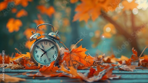 Alarm clock and orange color leaves on wooden table. Classic Alarm Clock Nestled Among Vibrant Orange Foliage, Reminding Us of Daylight Saving Time's Shift and Nature's Embrace of Fall photo