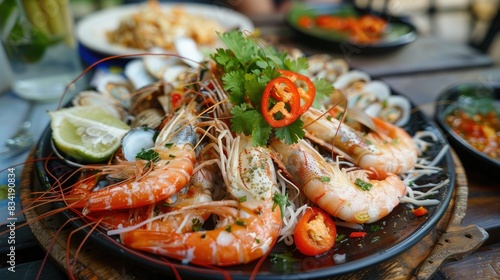 A plate of som tam talay ruam with an assortment of seafood, topped with fresh herbs and chili.