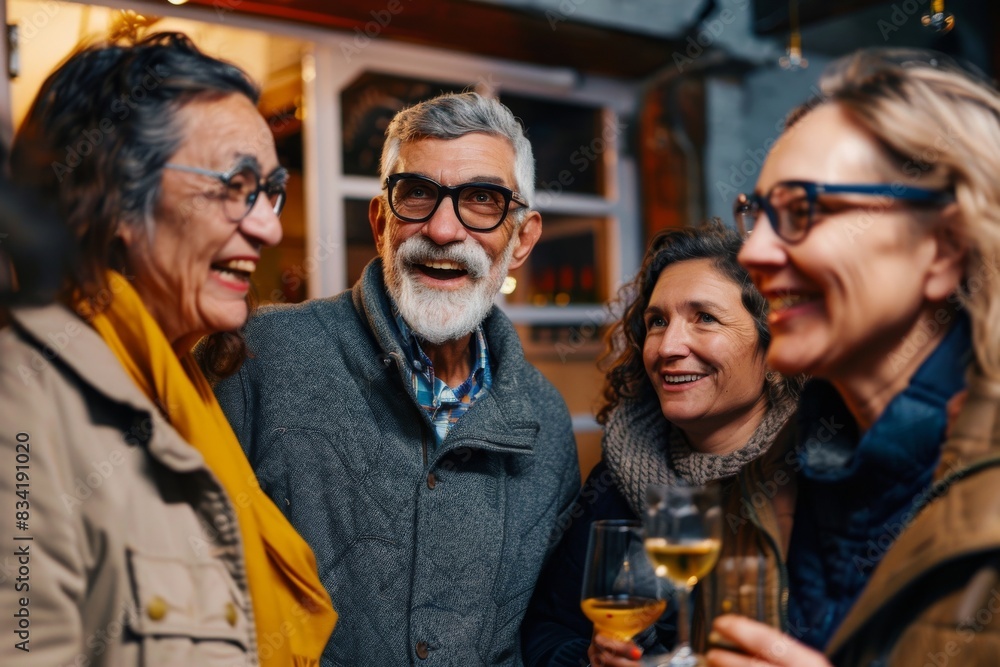 Group of happy senior friends having fun and drinking wine at a pub.