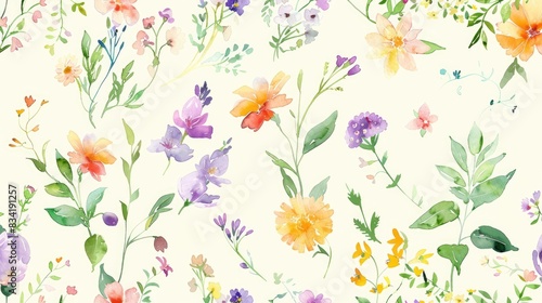 Fototapeta Naklejka Na Ścianę i Meble -  Charming watercolor pattern featuring wildflowers with a feminine touch