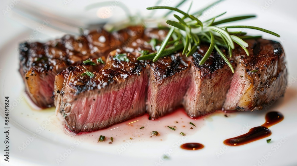 A seared steak with a crispy exterior, sliced to show a rare center, garnished with rosemary. A seared steak with a crispy exterior, sliced to show a rare center, garnished with rosemary.