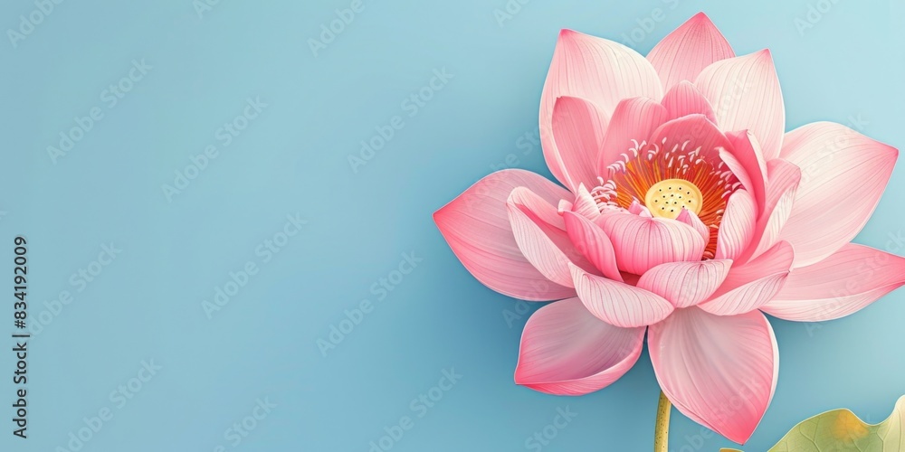 Fototapeta premium A single pink flower sitting on a blue background, simple and elegant