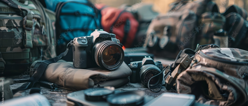 A closeup of an adventure travel gear setup A closeup of an adventure travel gear setup