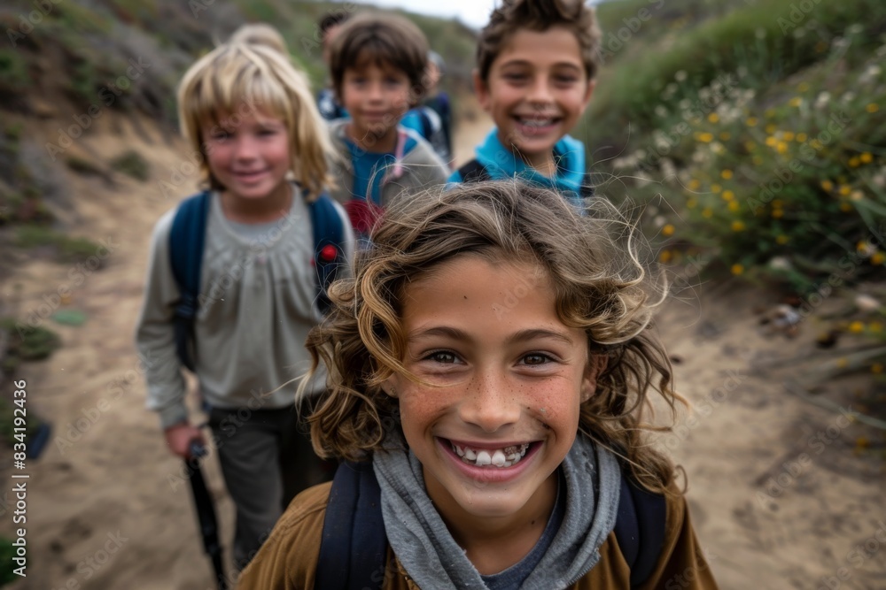 Portrait of smiling children with backpacks on the trail in the mountains Portrait of smiling children with backpacks on the trail in the mountains
