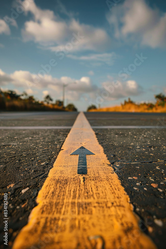 A simple yellow line marking the edge of a road against a clear blue sky