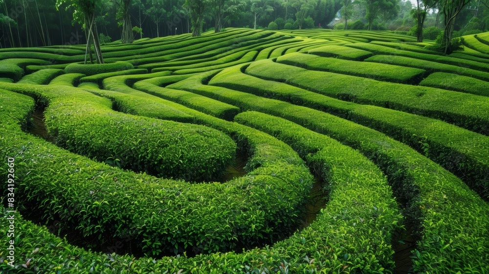 An intricately designed tea garden with geometric patterns of tea bushes. An intricately designed tea garden with geometric patterns of tea bushes.