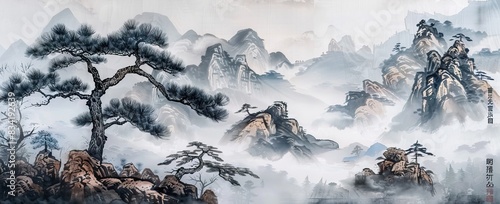 Landscape wallpaper design, oil painting, mountain and trees, mural art. AI generated illustration © Or