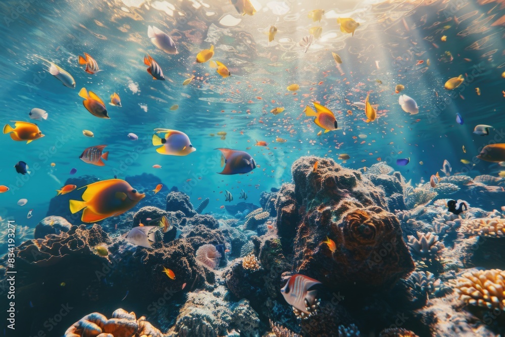 Naklejka premium A large group of fish swimming together in the open ocean