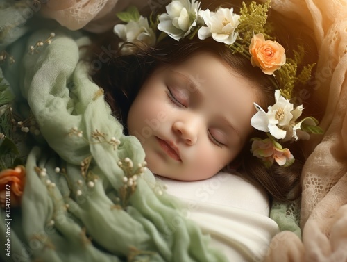A sweet image of a baby sleeping with a delicate flower crown on their head, perfect for using in childcare or nature-themed projects © vefimov