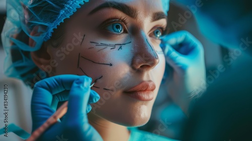 A plastic surgeon marking incision lines on a patients face, meticulously planning for a cosmetic procedure