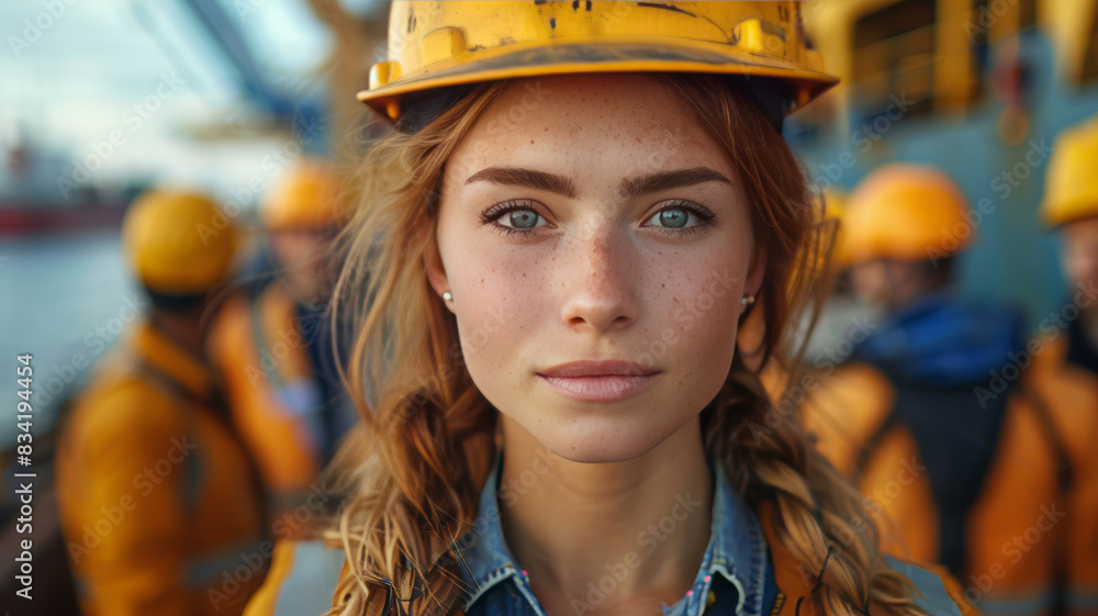 diverse group of maritime job candidates, foreground, confident expressions, modern shipping containers,generative ai