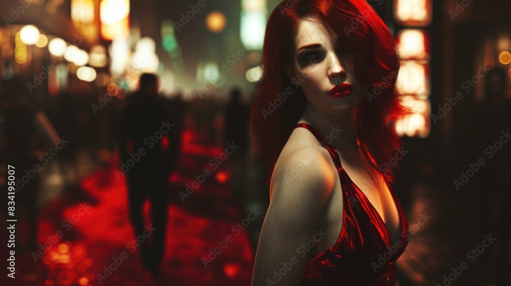 A woman in a red dress stands on a red carpet, ready for an event A woman in a red dress stands on a red carpet, ready for an event
