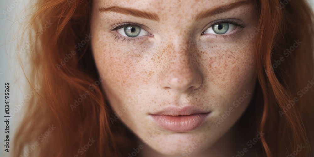 Close-up shot of a woman's face featuring freckles Close-up shot of a woman's face featuring freckles