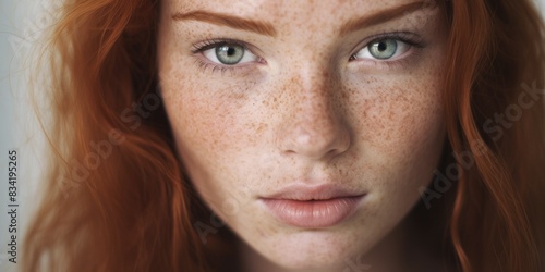 Close-up shot of a woman's face featuring freckles