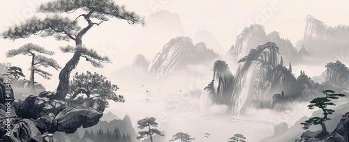 Landscape wallpaper design, oil painting, mountain and trees, mural art. AI generated illustration