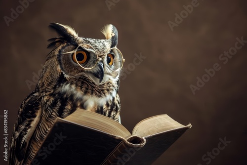 Wallpaper Mural An owl dressed as a professor, with round glasses and a book, positioned against a solid dark brown background with copy space Torontodigital.ca