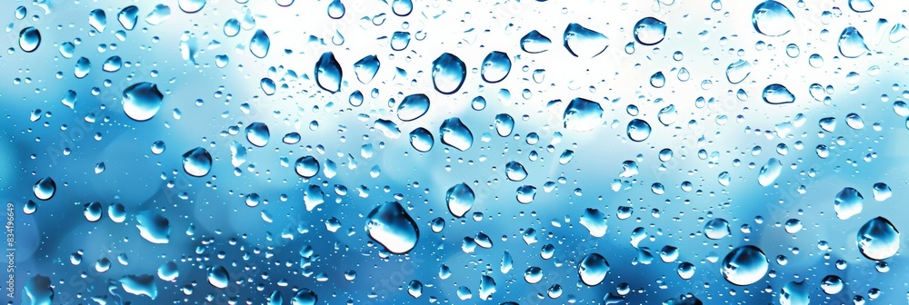 Blue and White Background with Water Drops on Surface. Modern Banner with Copy-Space