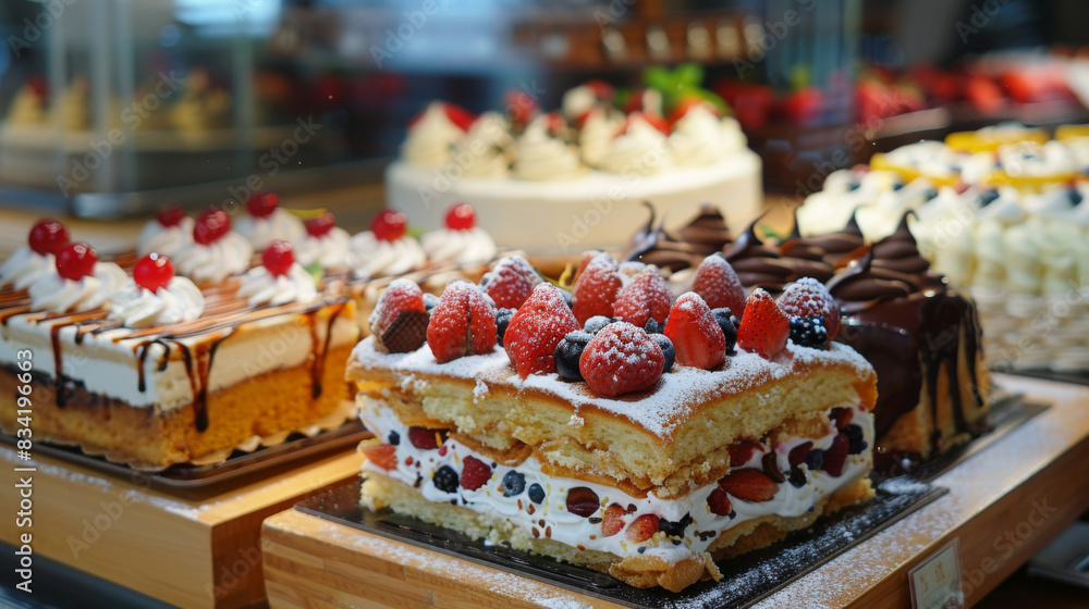 A variety of pastries topped with fresh berries and cream, beautifully arranged in a bakery display. A variety of pastries topped with fresh berries and cream, beautifully arranged in a bakery display.