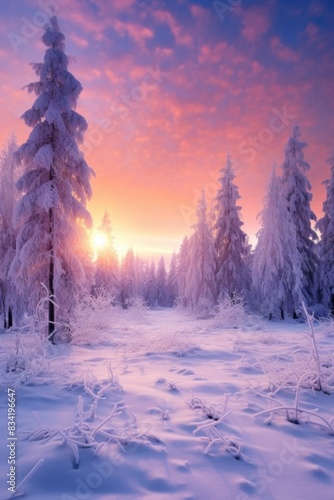 Snow-covered trees with the sunset shining through, a peaceful winter scene © vefimov