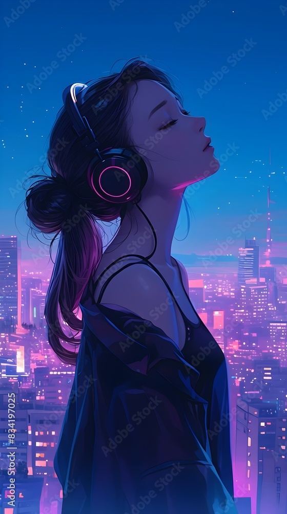 Fototapeta premium Blonde anime girl with headphones, enjoying the immersive sound of music - phone wallpaper