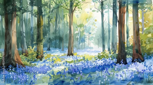 Set of watercolors of bluebells, carpeting a forest floor, in a dreamy woodland scene, with tall trees and dappled sunlight, in a tranquil spring setting, clipart isolated on white photo