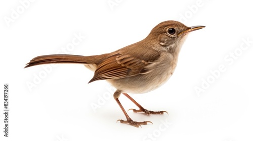 A small brown bird sitting on a white surface, likely a table or shelf © vefimov