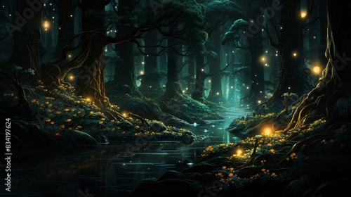 A night scene in a forest where the trees have glowing veins and the leaves emit light - 
