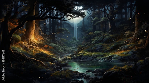 A night scene in a forest where the trees have glowing veins and the leaves emit light - 