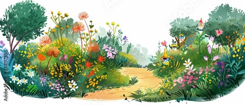 Set of watercolors of spider flowers, with their delicate, spidery petals, growing in a whimsical garden, with playful garden gnomes and winding paths, clipart isolated on white photo