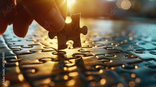 A person holding a puzzle piece with a calm and focused expression, ready to complete the larger image