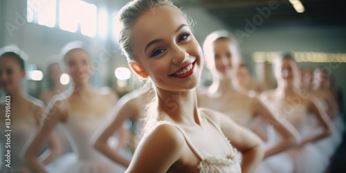 A woman in a white dress stands among a group of dancers, ideal for use in wedding or performance-related contexts