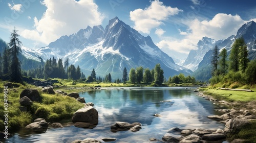 A peaceful alpine lake with snow-capped mountains in the background  photo
