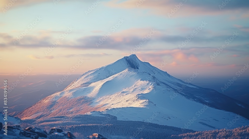 Mountain landscape covered in snow with a blue sky background