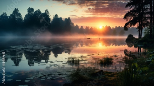 A peaceful sunrise over a calm lake with mist rising from the water -  #834199685