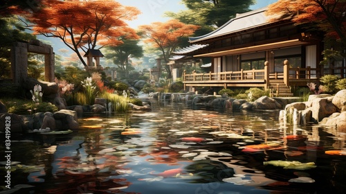 A peaceful Zen garden with a koi pond and traditional Japanese architecture  