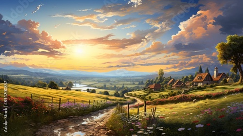 A picturesque countryside with rolling hills  a quaint village  and fields of blooming flowers - 