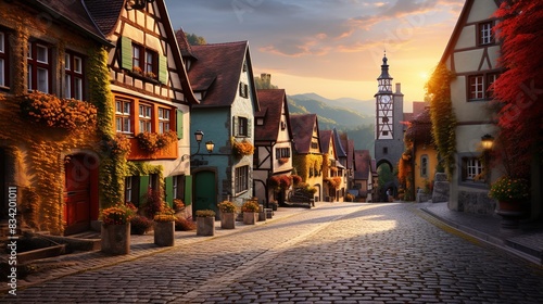 A picturesque European village with cobblestone streets and quaint houses -  photo