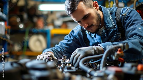 horizontal, mechanic, one person, photography, working, people, germany, adult, adults only, white people, examining, expertise, indoors, workshop, color image, repairing, smiling, front view, car, au