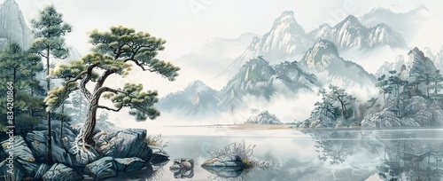 Landscape wallpaper design  oil painting  mountain and trees  mural art. AI generated illustration