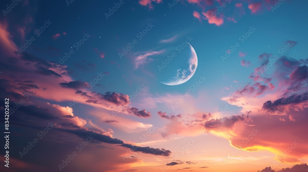 Naklejka premium Crescent moon illuminating twilight sky with scattered clouds in tranquil evening scene